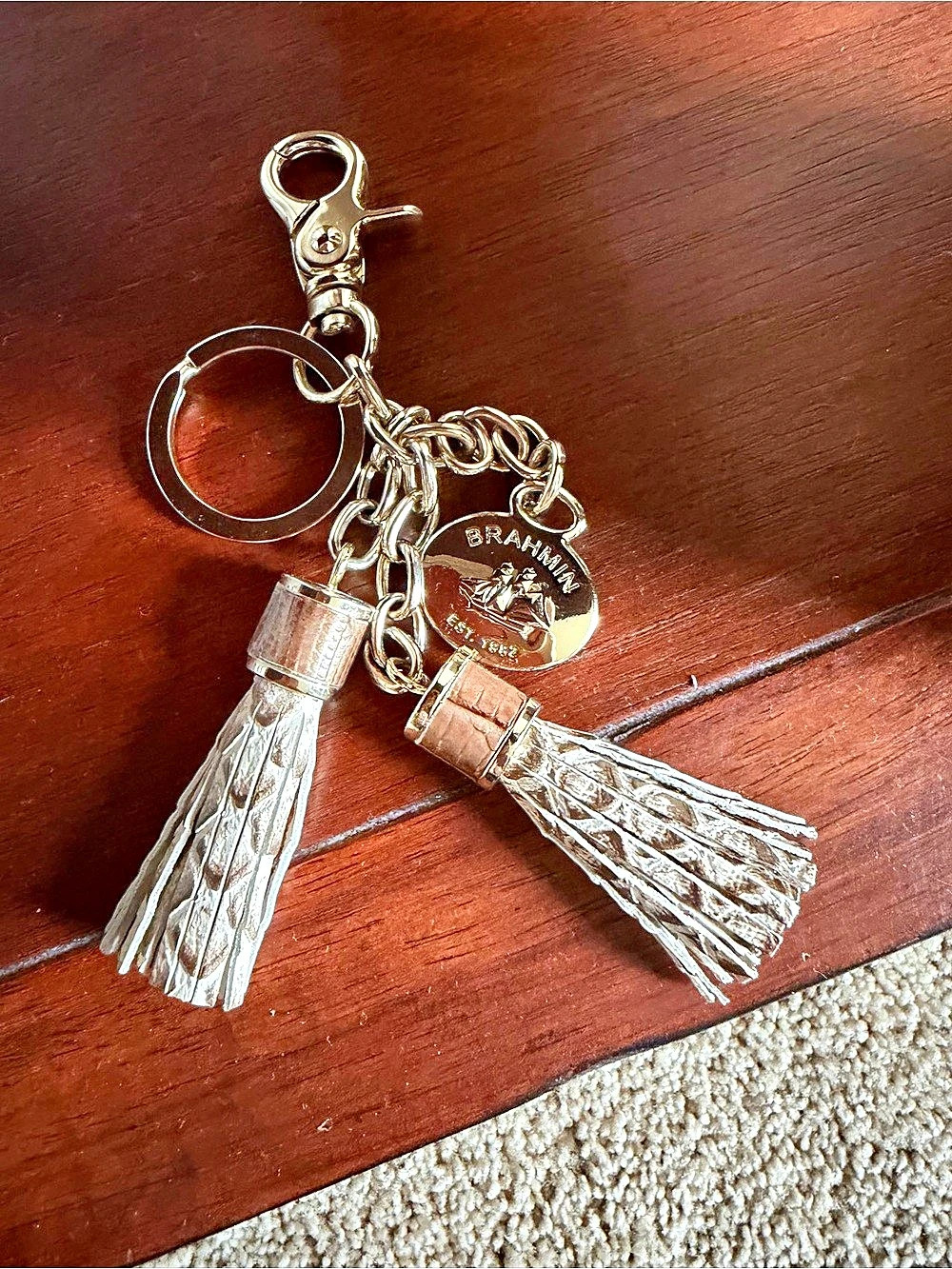 Brahmin Double Tassel Key Ring/Bag Charm Cream & Tan Croc Embossed Leather